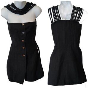 Vtg 1980s Claude Montana Black Linen Long Corset Top w' Rope Neckline Size 4